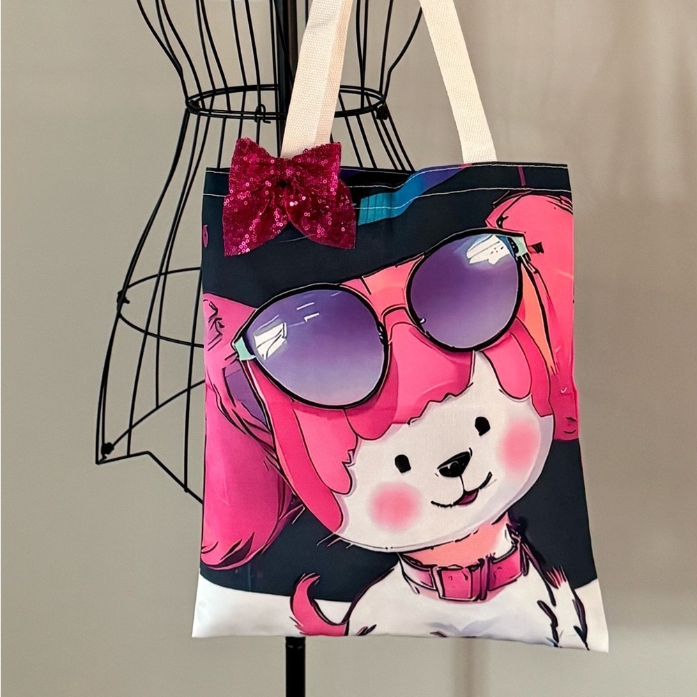 New Poochie Dog Retro 80s Style Shopping Bag Purse Tote w/ Pink Bow - 15.5”
